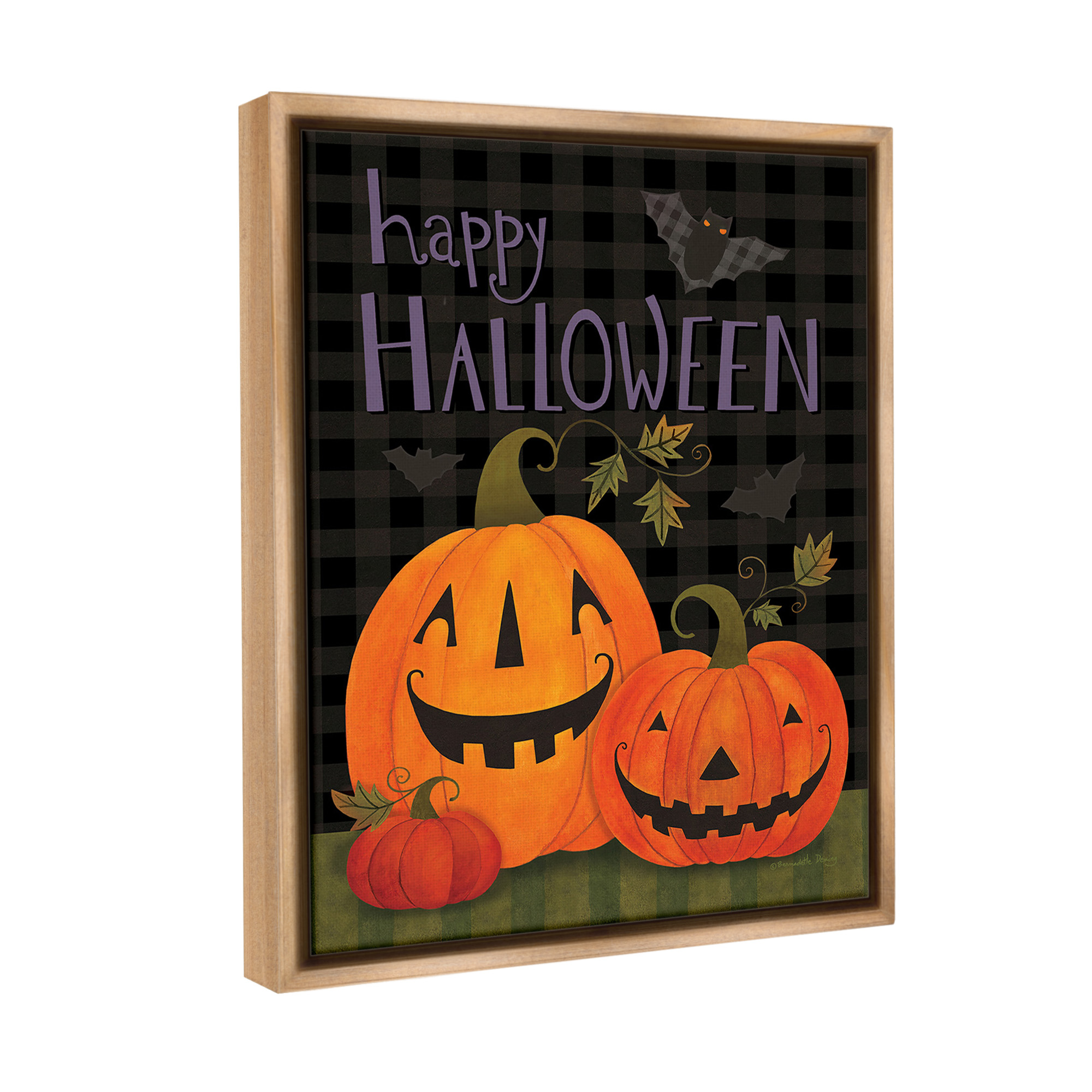 Stupell Industries Pumpkins & Bat on Plaid Holiday Painting Brown Floater Framed Canvas Art Print Wall Art, 17 x 21