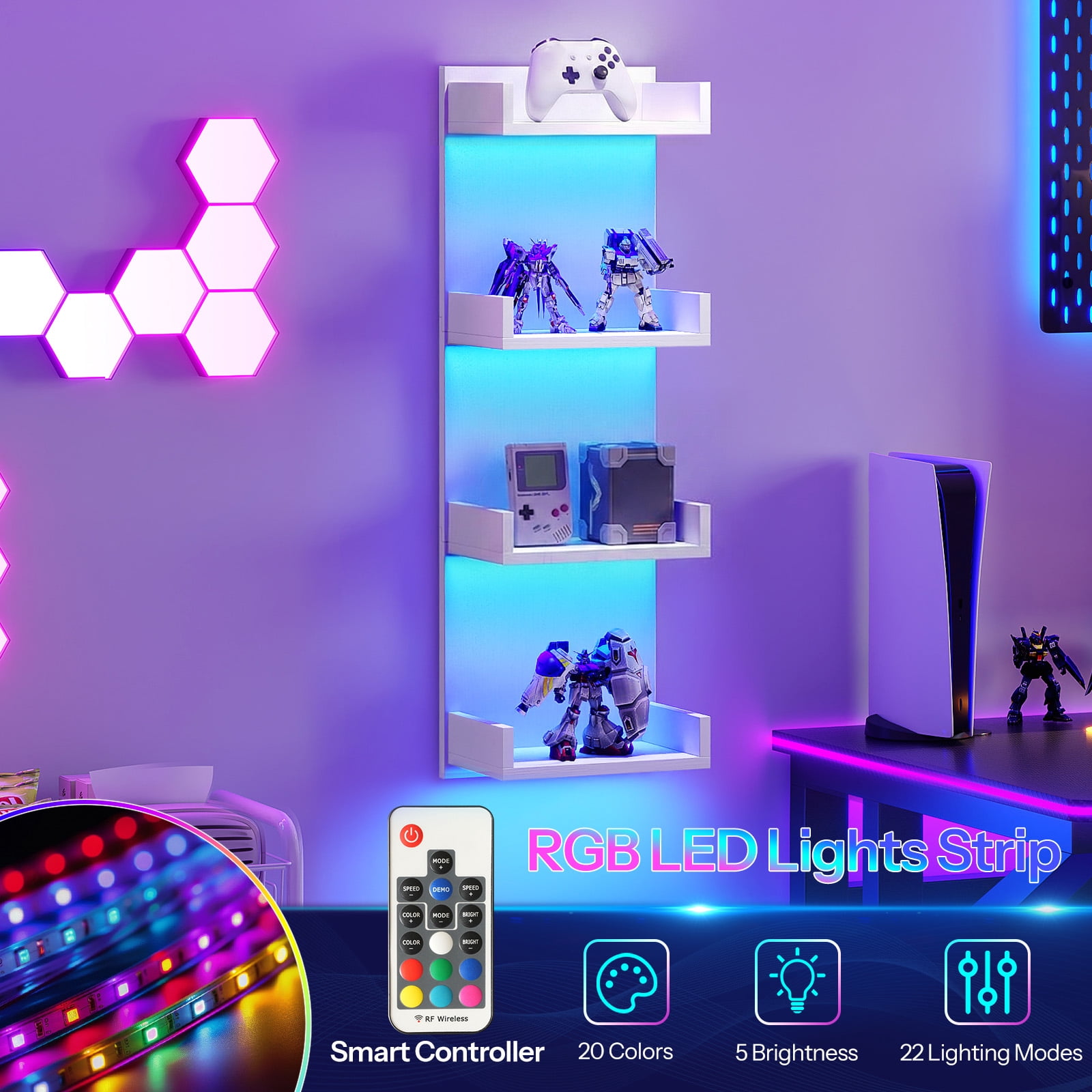 Vertical 4-Tier LED Floating Wall Shelves, White