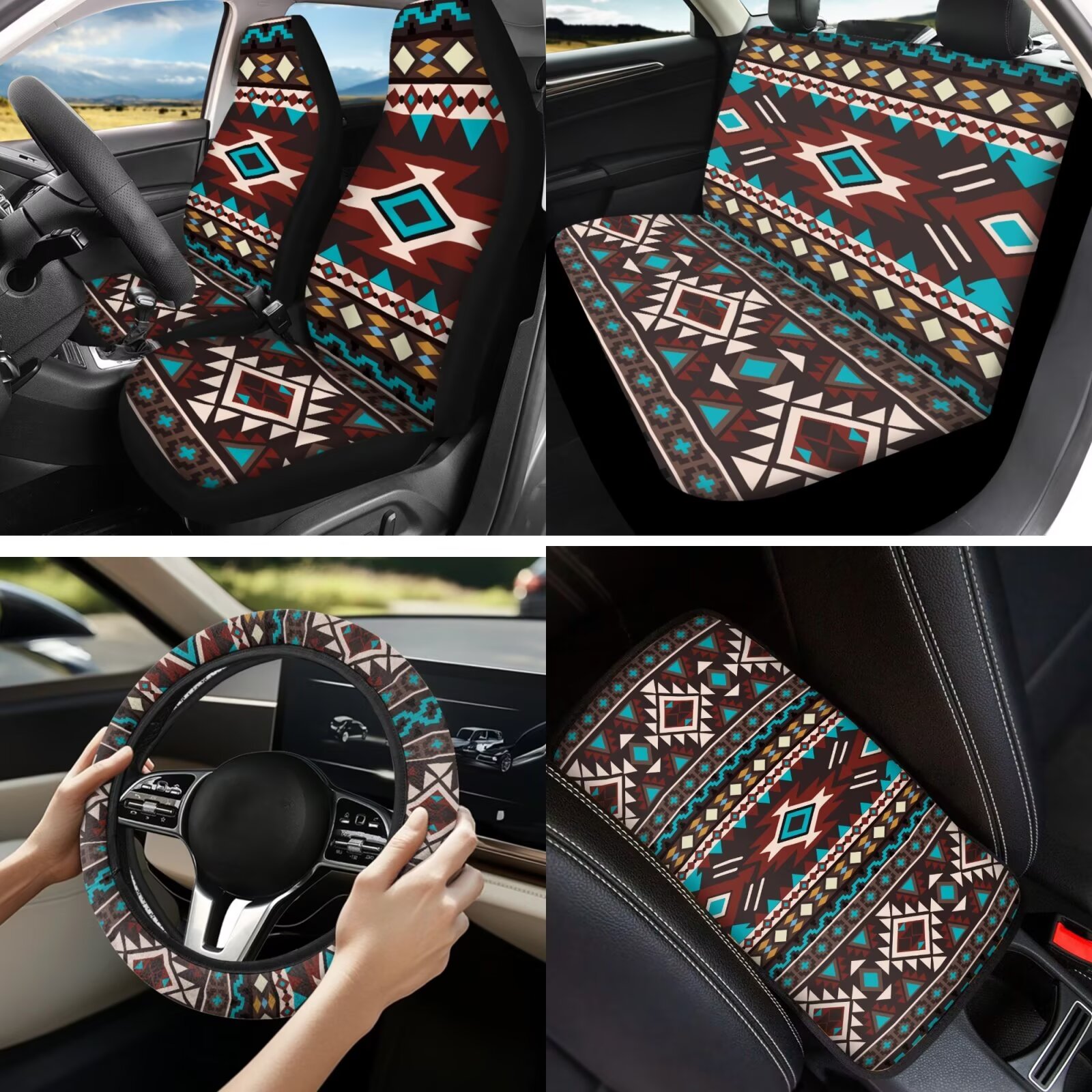 Garronmavis Aztec 13-Piece Car Accessory Set Includes Front and Rear Seat Covers Armrest Cover Pad Steering Wheel Cover Key Fob Coaster Lipstick Cover