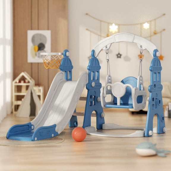 KORIMEFA 4-in-1 Kids Slide and Swing Set - Perfect for Toddlers 1-4 Years - Extra-Large Indoor and Outdoor Playground - Includes Slide, Swing, Basketball Hoop, and Climber
