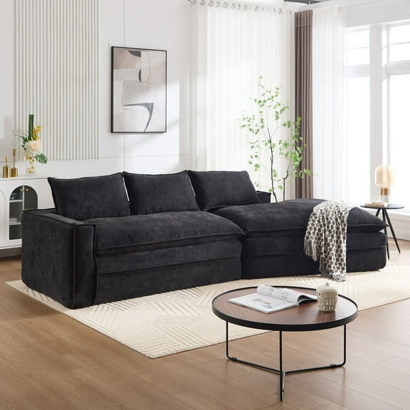 Living Room Sofas Modern Minimalist Modular Sectional Sofa, Upholstered Cloud Couch with Deep Seats, Right Facing Chaise for Living Room-Black,Comfortable Sofas
