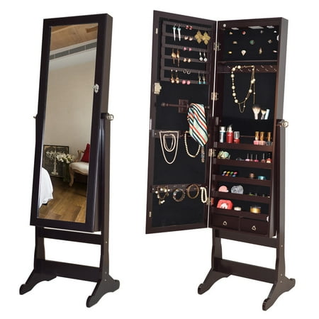 Costway Lockable Mirrored Jewelry Cabinet Armoire Organizer Storage w/Stand & LED