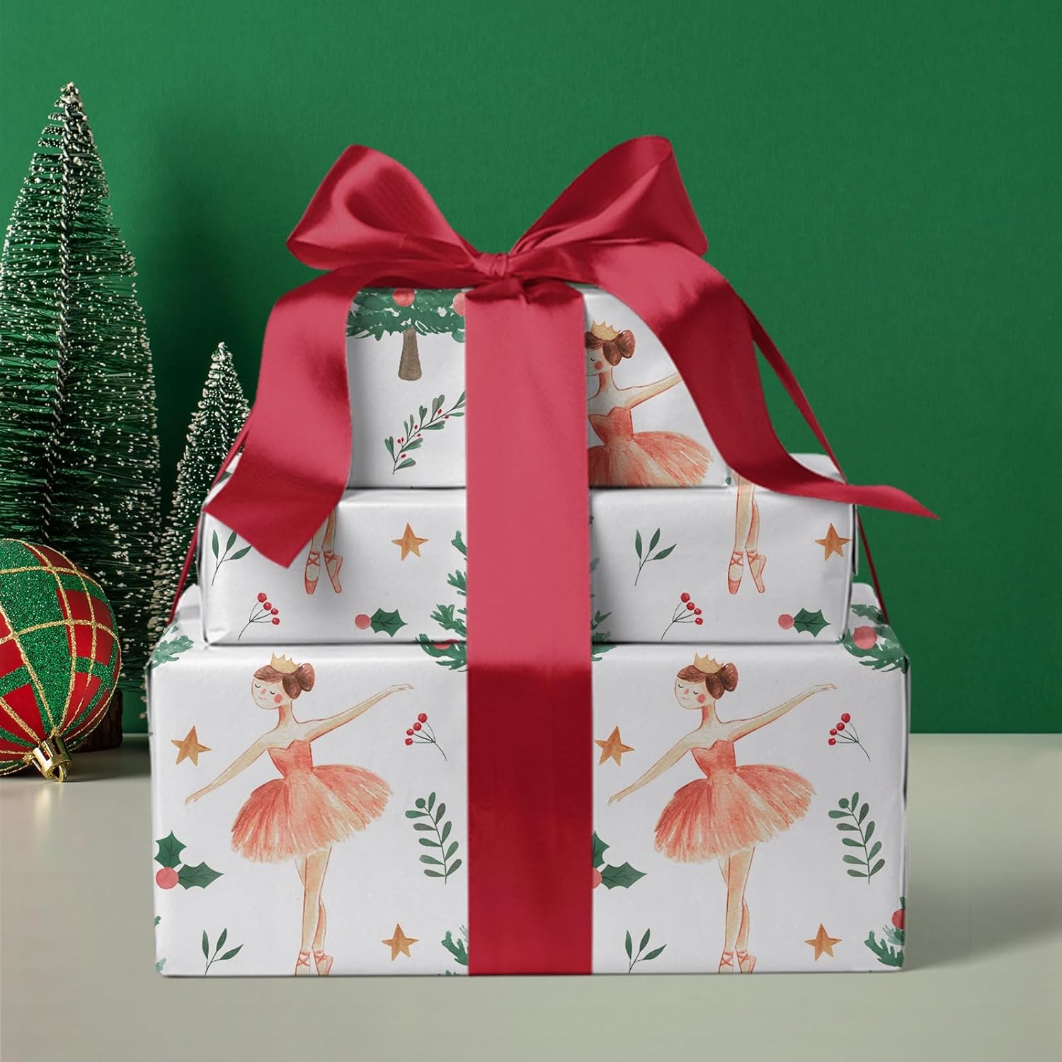 Kraft Christmas Wrapping Paper - Mini Roll - 17 Inch x 33 Feet - Sugar Plum Fairy Wrapping Paper with Christmas Tree Design for Holiday, Party Celebration