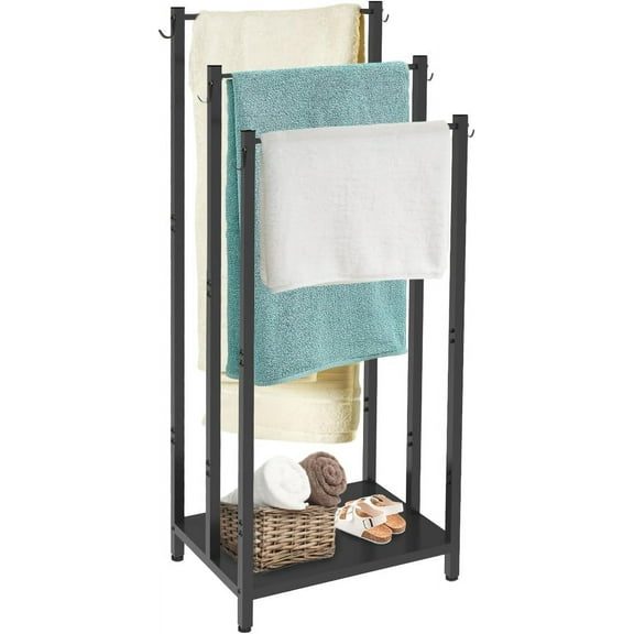 44 Inch Tall Free Standing Towel Rack with Metal Storage Shelf & 6 Hooks for Bathroom, 3 Tiers Heavy Duty Blanket Drying Stand Holder for Outdoor Pool, Bedroom, Living Room, Black