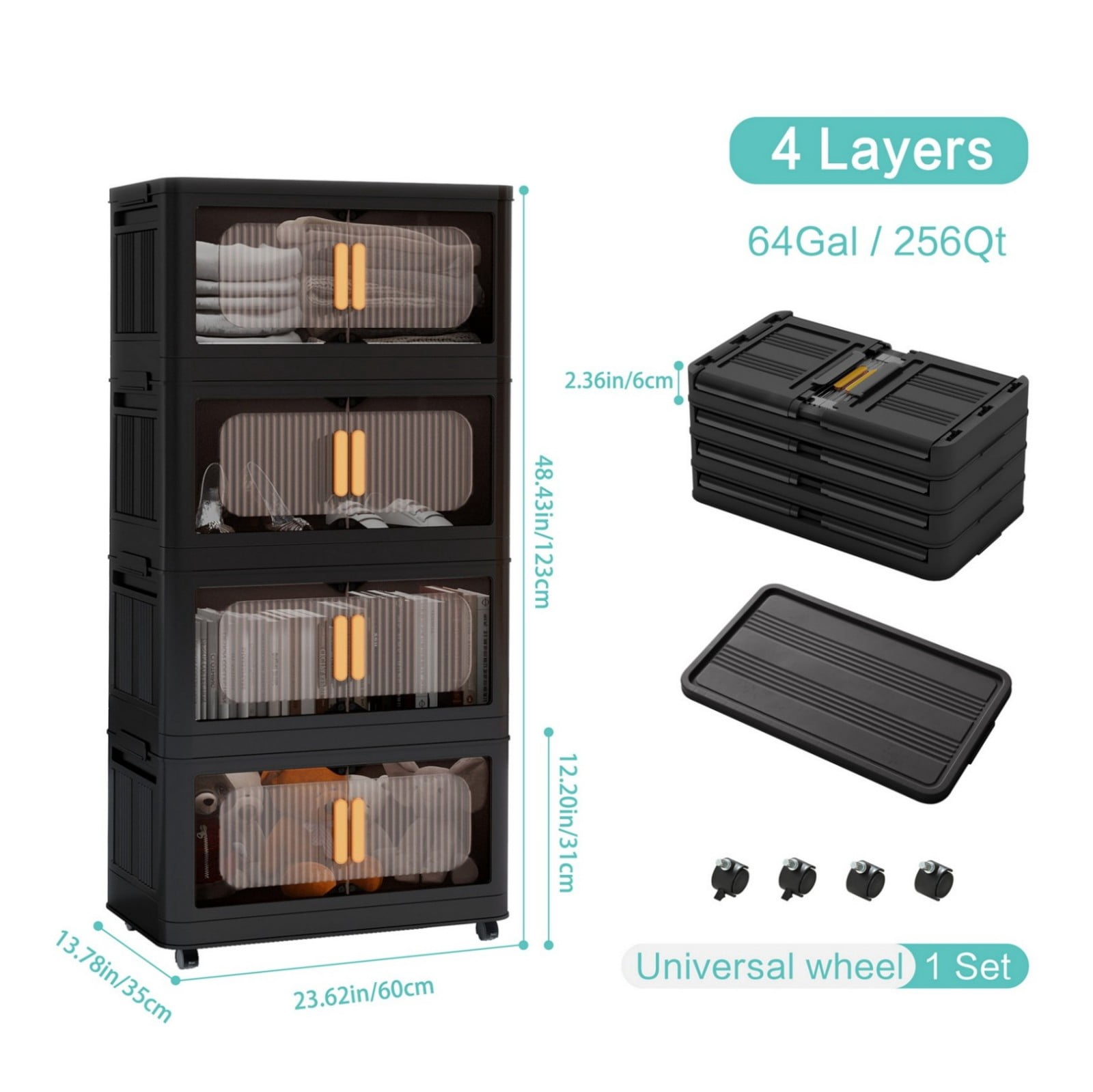 24" Folding Storage Cabinet with Wheels, 4-Tier Collapsible Plastic Organizer with Magnetic Door, Portable Utility Storage Rack, Black