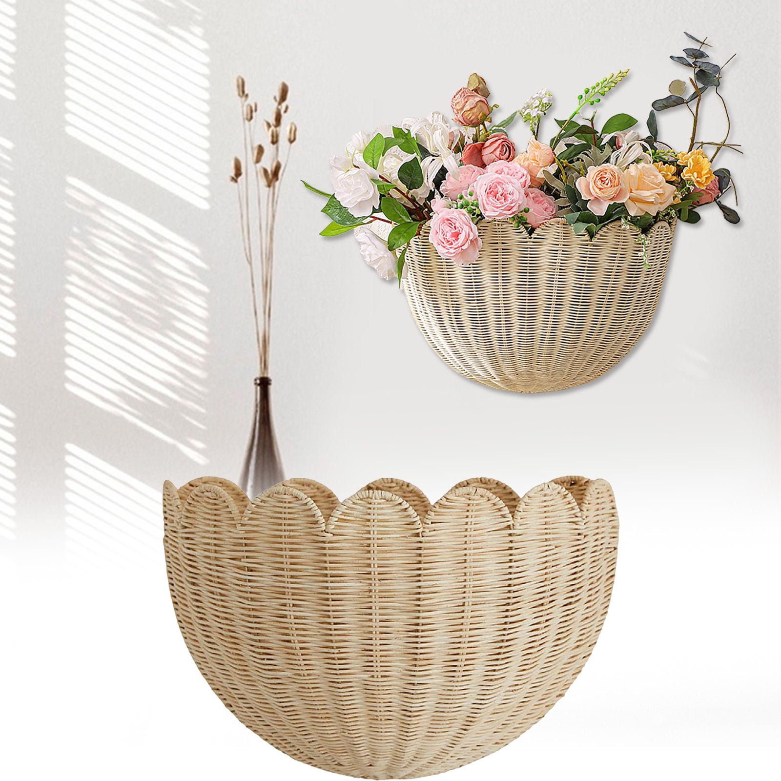 Scalloped Wall Basket,Hanging Hand Woven Wicker Wall Basket with Metal Frame & Hook, Scalloped Rattan Wall Storage & Decor for Home decoration