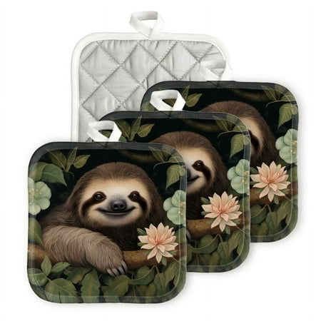 

Bahomeck Pot Holder 4Pcs Smiling Sloth Sitting On The Branch Square Heat Resistant Hot Pads For Kitchen Cooking Oven With Hanging Loop Potholder Easy To Store