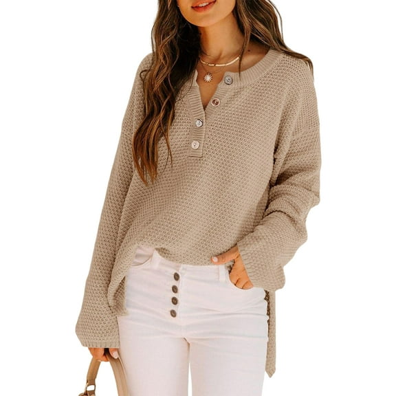 Women'S Oversized Sweaters Batwing Long Sleeve Loose V Neck Button Henley Tops Pullover Knit Jumper Coffee Color S