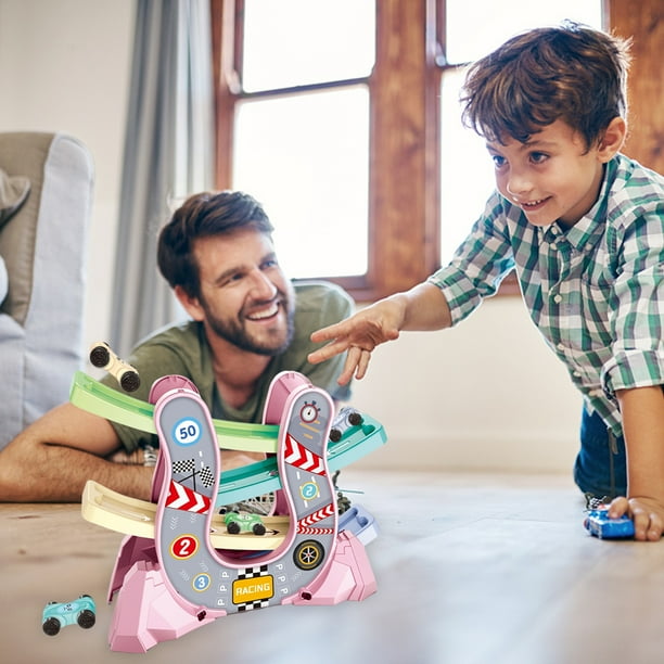 Pista de carreras con rampa para autos, juguete para pista de carreras Click Clack con 4 autos y estacionamiento, juguetes educativos para niños, juguetes interactivos para padres e hijos, regalos
