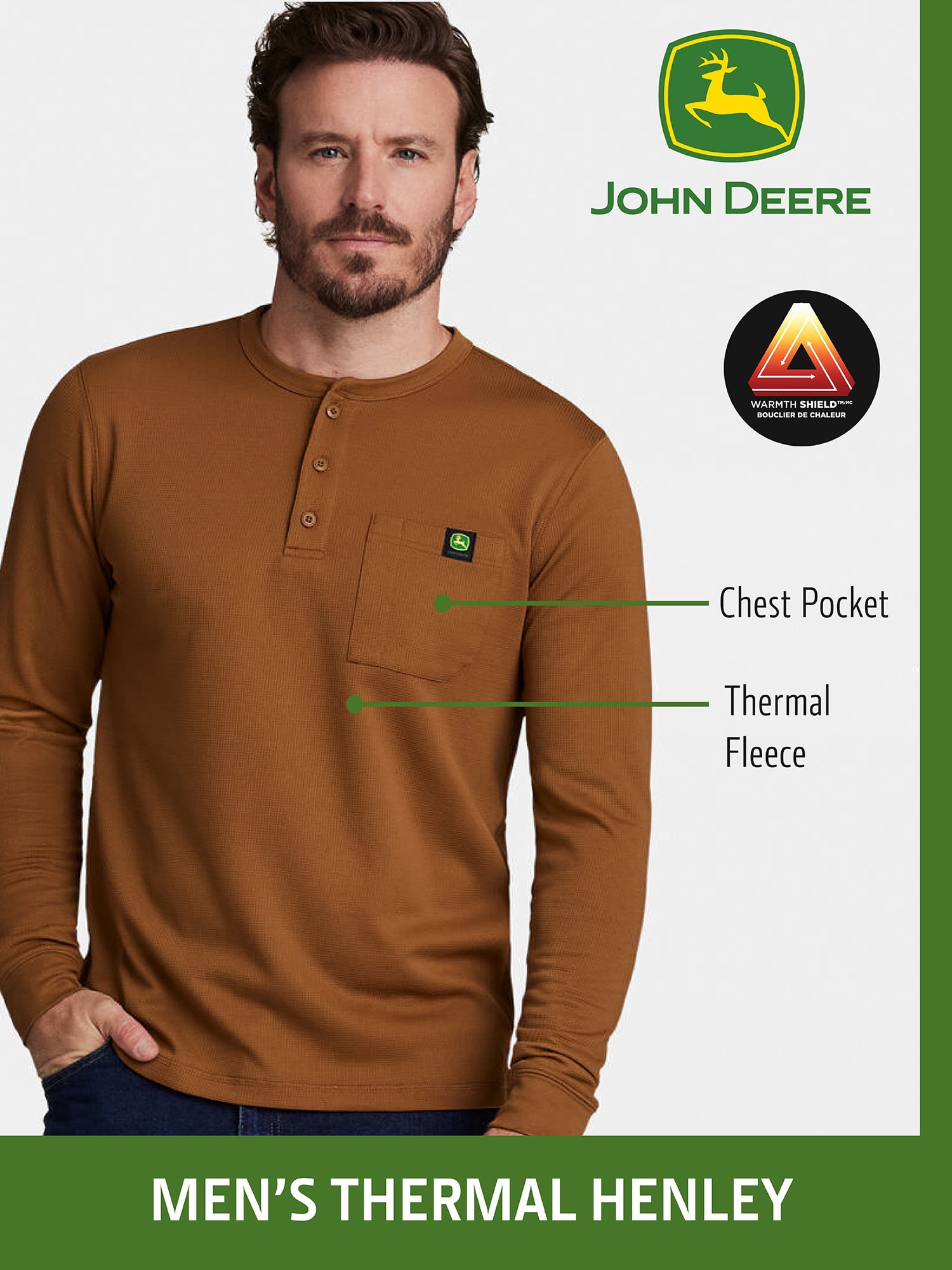 John Deere Men’s Warmth Shield™️ Long Sleeve Thermal Pocket Henley, Sizes S - 3XL