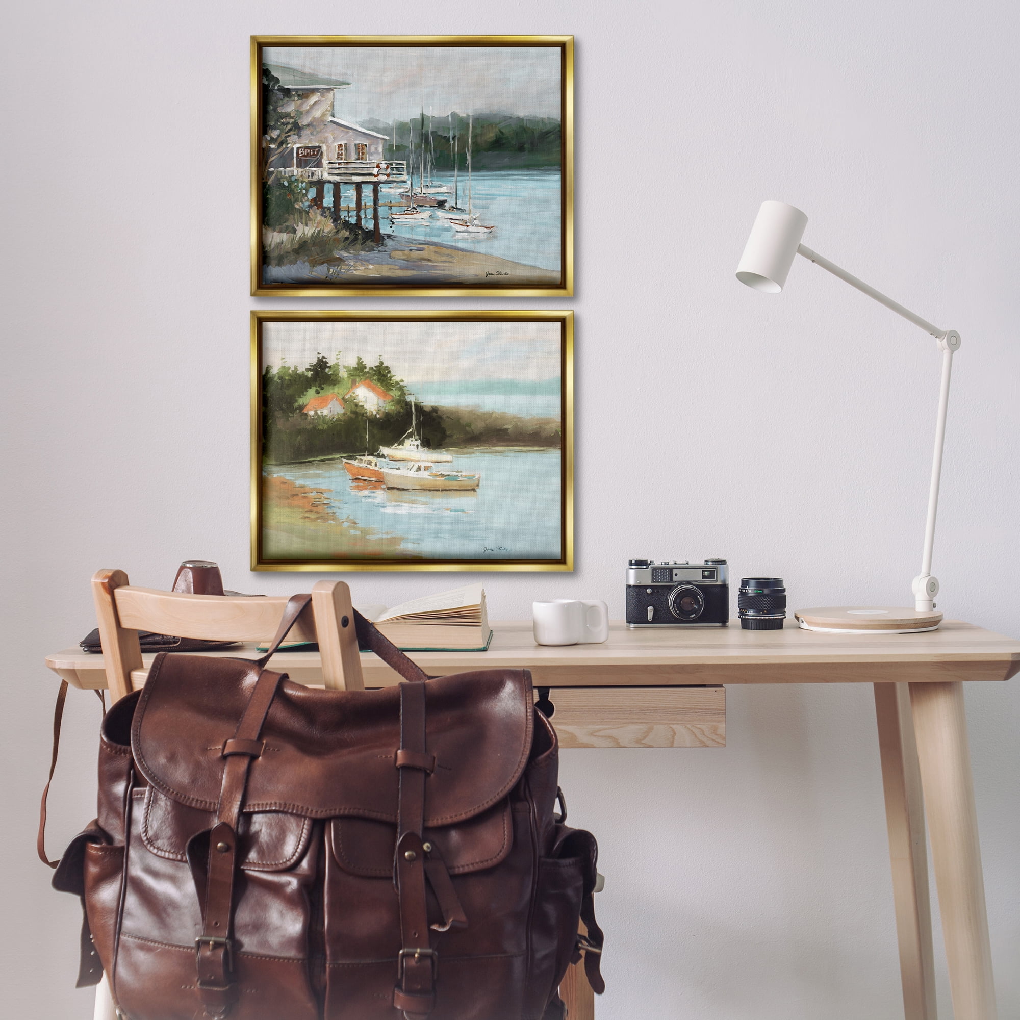 Stupell Industries Boat Lakeshore Landscape Landscape & Nature Painting Gold Floater Framed Canvas Art Print Wall Art, 21 x 17, Set of 2