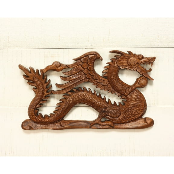 11" Wooden Dragon Flying on Clouds Wall Hanging Hand Carved Relief Plaque Statue Sculpture Handcrafted Gift Art Home Decor Wood Accent Decoration Handmade