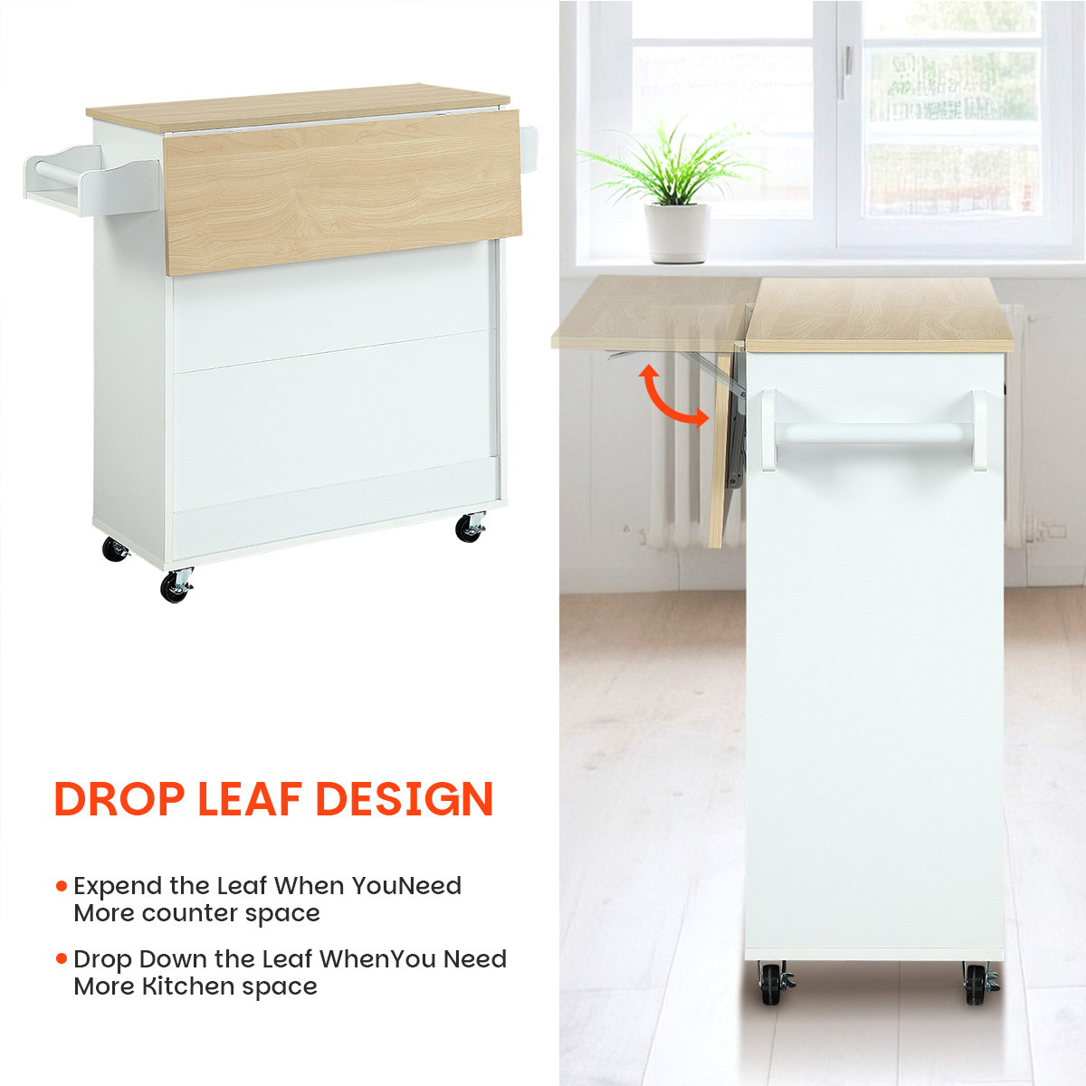 38-inch Rolling Kitchen Island Cart with Drop Leaf, Mobile Kitchen Center with Storage Cabinet, Drawer, Spice Rack and Towel Holder, White