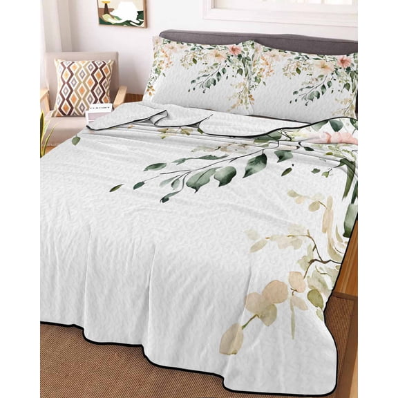 Sage Green Eucalyptus King Size Down Alternative Comforter, Lightweight Comforter Quilt Bedding Set with Pillow Shams Vintage Spring Floral Leaves All Seasons Bed Comforter Duvet Insert 96"x106"