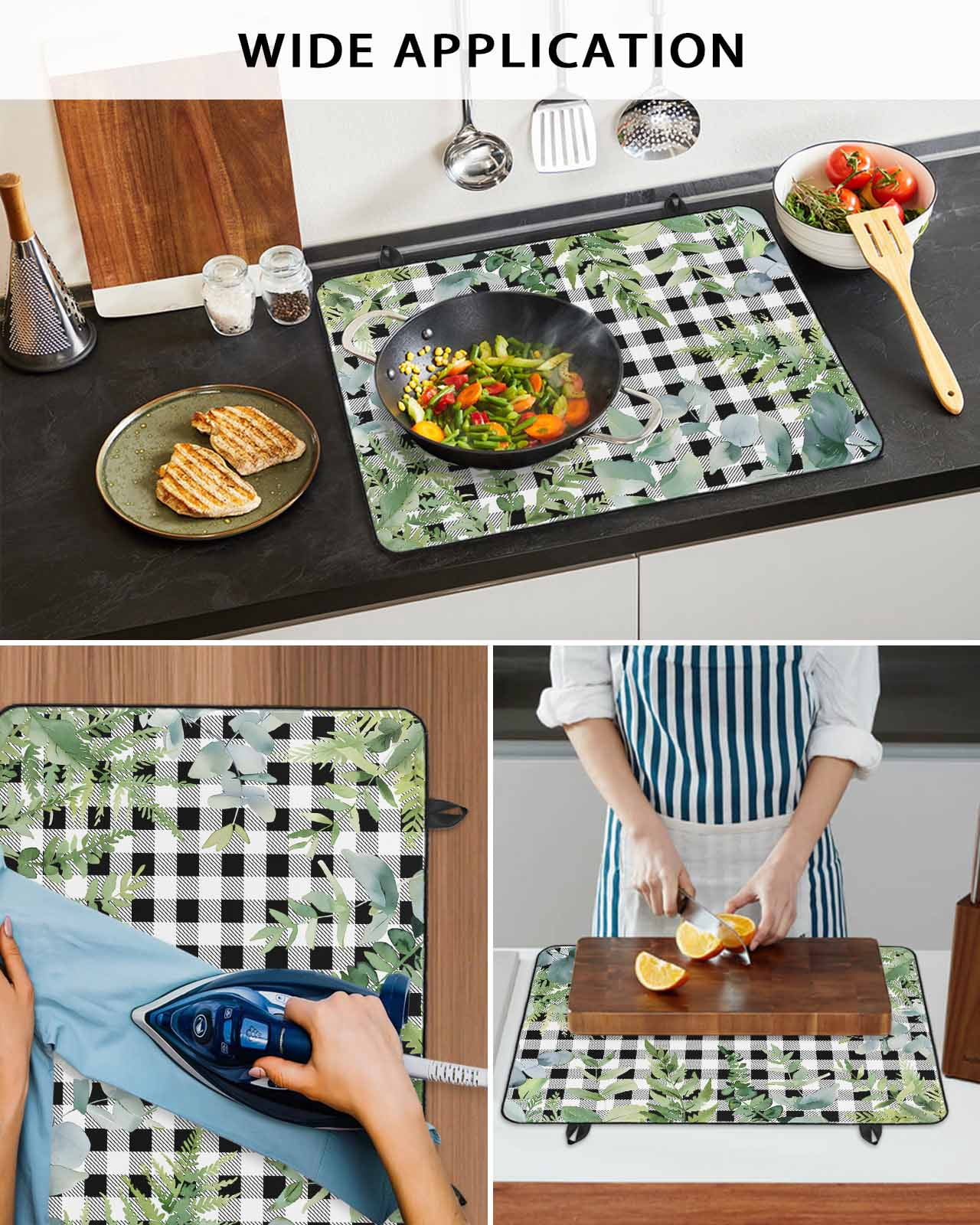 nqOlkjepod Large Induction Cooktop Protector Mat 24"x21", Eucalyptus Leaves Stove Top Covers for Electric Stove, Summer Botanical Black Checked Stove Burner Cover Mats, Glass Top Stove Cover
