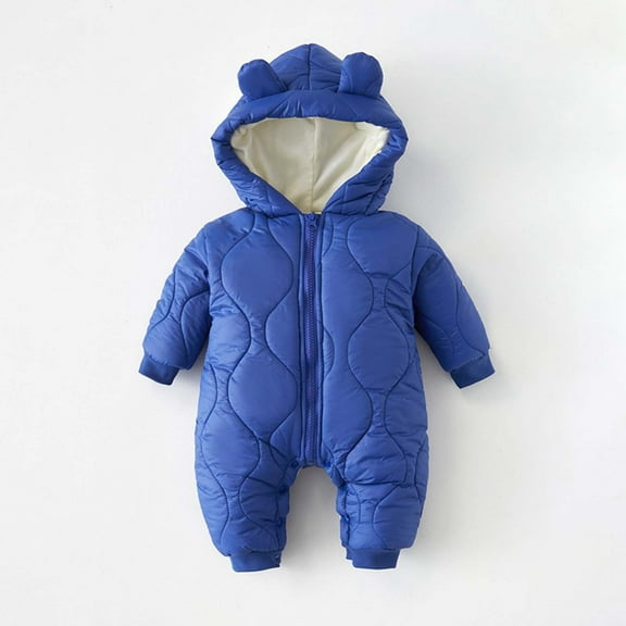 Huowey Baby Snowsuit Winter Thickened Warm Clothes Long Sleeve Hooded One-Piece Jumpsuit Romper For Boys Girls Solid Casual Comfortable Zip Up Coat,Blue,0-3 Months
