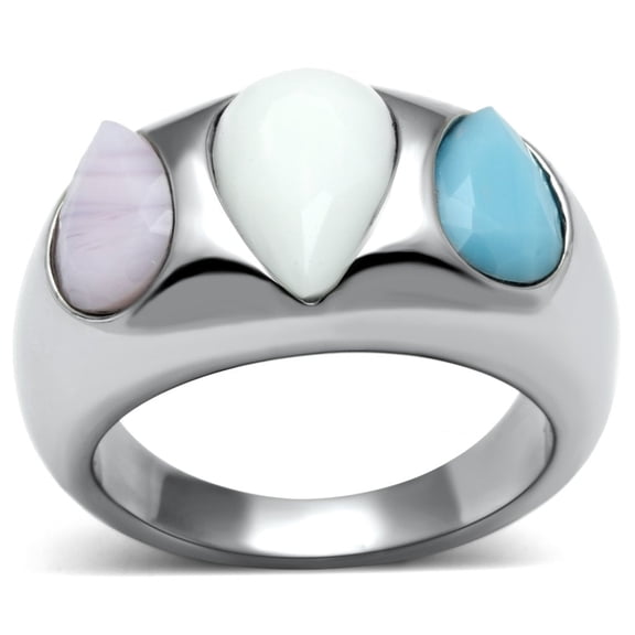 TK690 - High polished (no plating) Stainless Steel Ring with Synthetic Synthetic Glass in Multi Color Size 10