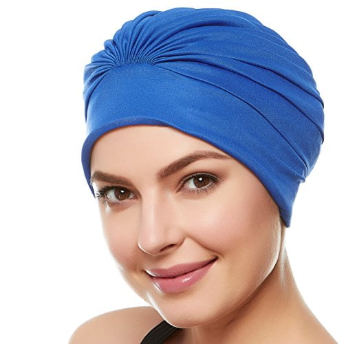 Beemo Women's Swim Bathing Cap Turban Polyester Latex Lined Pleated for Women & Girls Long/Short Hair - Royal Blue