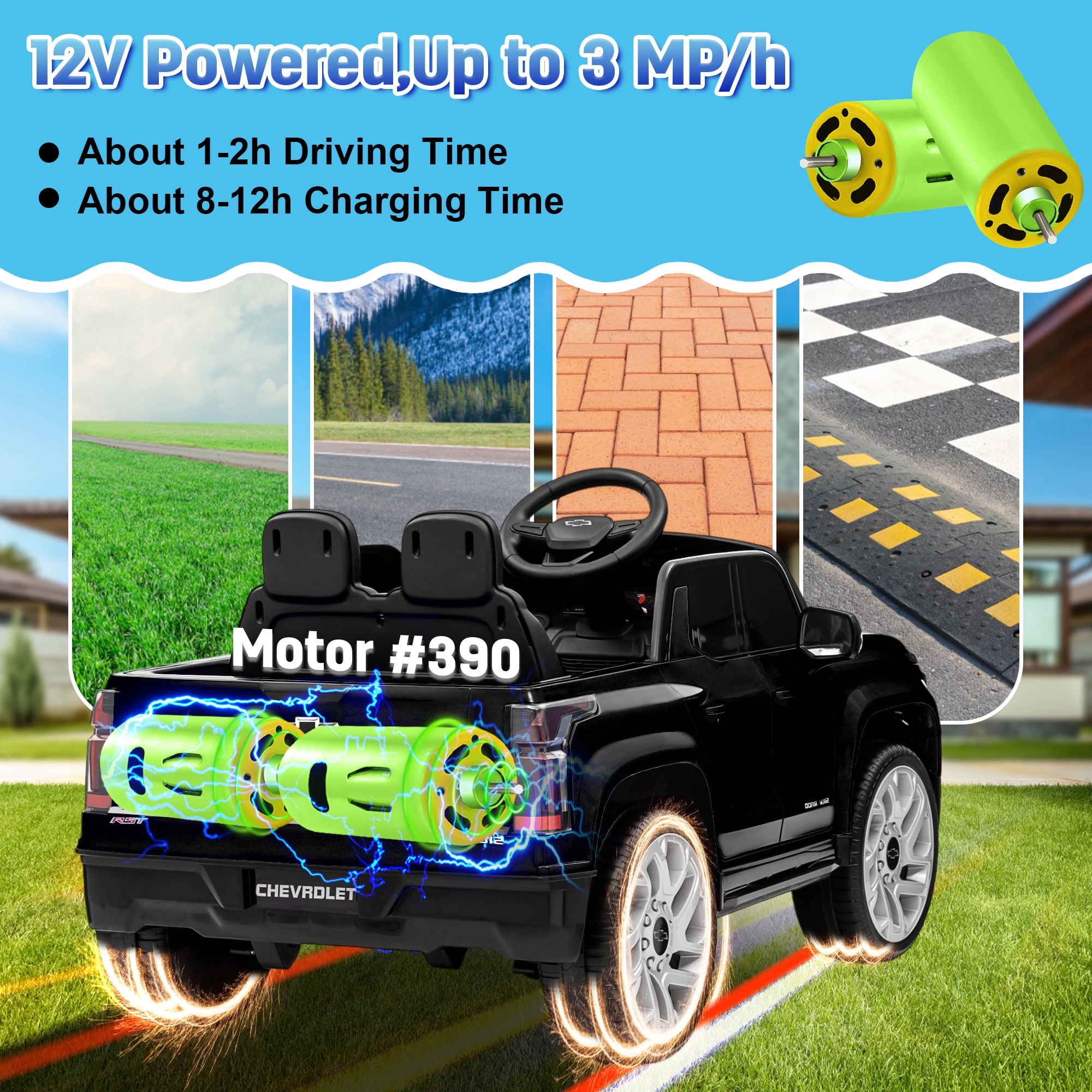 Chevrolet Silverado EV 12V Kids Ride on Car, Wisairt Battery Powered Electric Vehicle w/ Remote Control (Black)