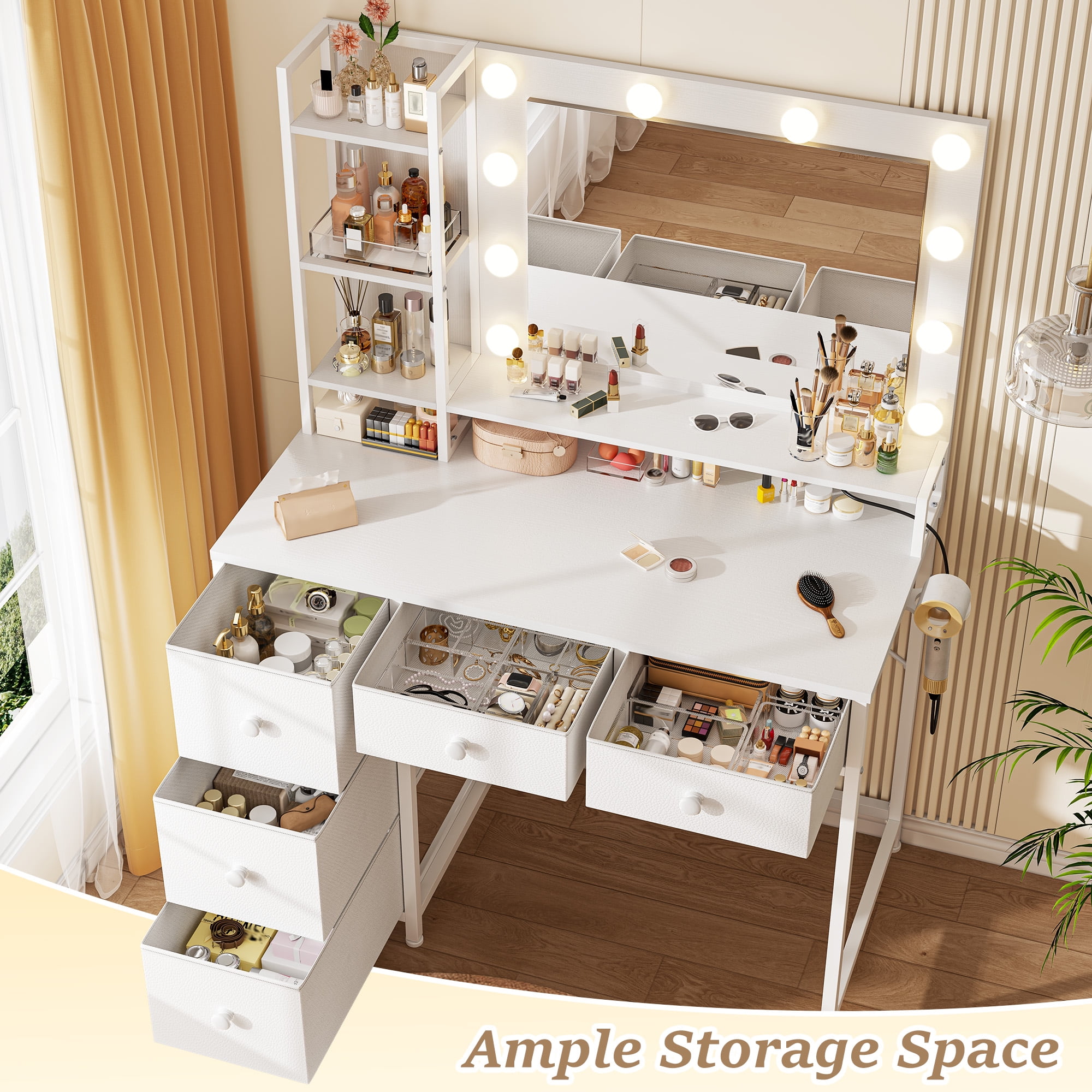 EnHomee Vanity with Mirror and Lights Makeup Vanity Desk with 5 Fabric Drawers & Power Outlet & Hair Dryer Rack Dressing Table for Bedroom,White