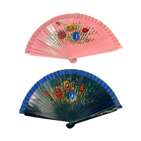 set of 2 Floral Vintage Spanish Folding Fan Doubled-Side Flower Wood Fan for Wedding Party Decor/Dancing Hand Fan (pink and blue)