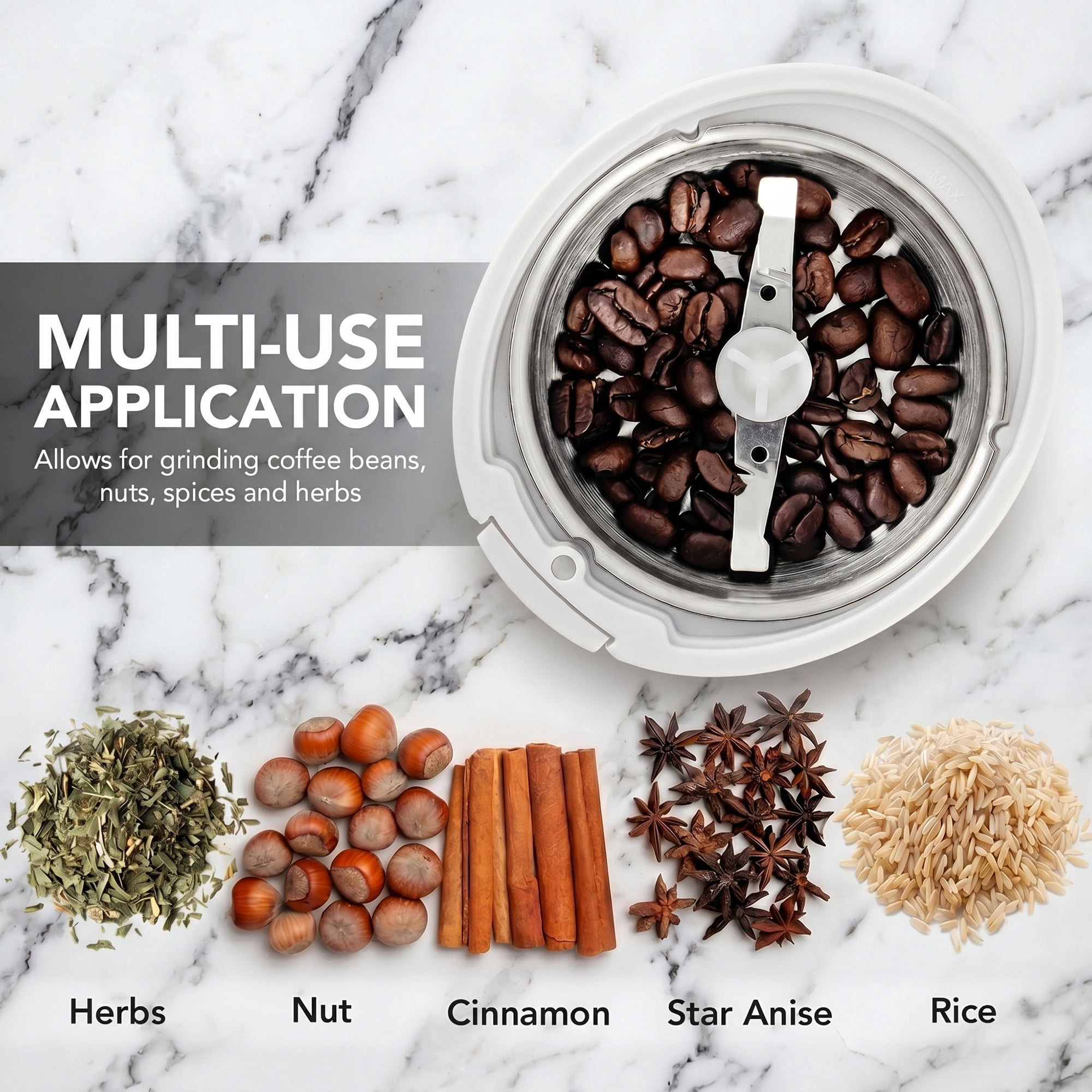 OVENTE Electric Coffee Grinder with One Touch Push-Button, White CG225W | 2.5oz Capacity, 150W Motor, Stainless Steel Blades for Uniform Grinding of Beans, Spices, Herb, Nuts & More, Safety Lock Lid