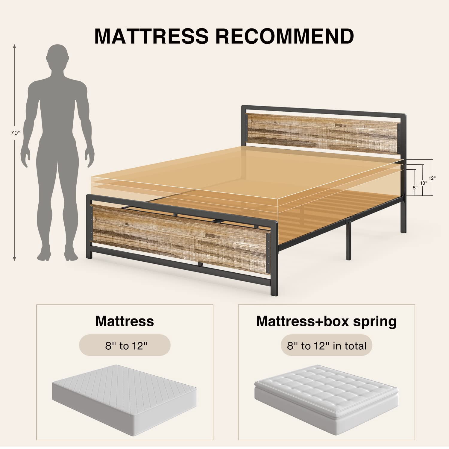 Queen Bed Frame, Queen Size Bed Frame with Wood Headboard and Footboard, Under Bed Storage, 800lbs, Gray