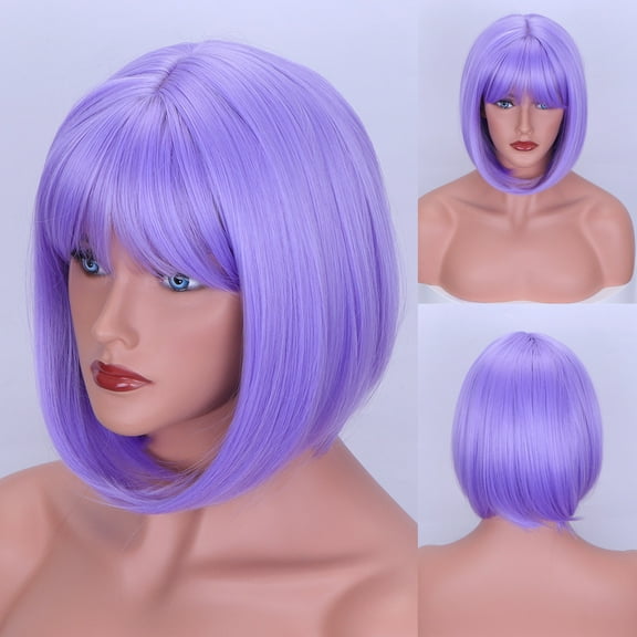 Nvzi -b Short Straight Bob Wigs with Air Bangs Honey Brown Wig for Women Shoulder Length Heat Resistant Fiber Hair Wigs，Light Purple