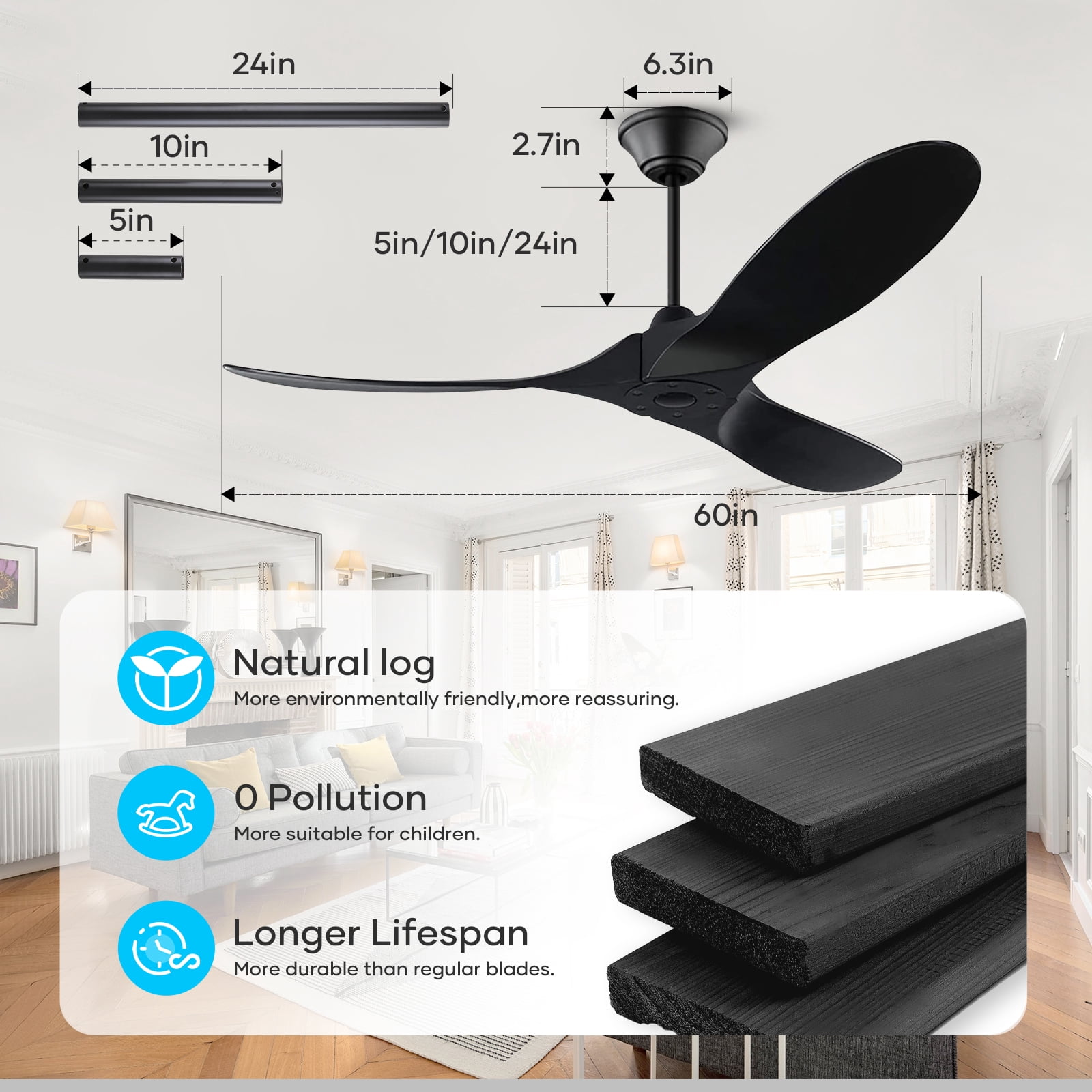 60 inch Modern Black Outdoor Ceiling Fan with Remote, No Light, Quiet Reversible DC Motor