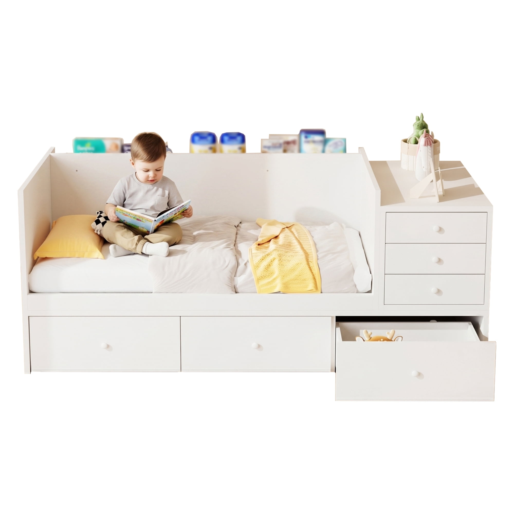 Euroco Wood Toddler Daybed with Drawers and Cabinets, 2-in-1 Crib with Movable Guardrails, White
