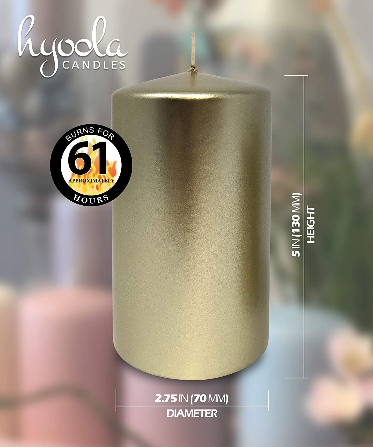 Hyoola 2.75 x 5 inch Metallic Cream Gold Unscented European Made Pillar Candles, Paraffin Wax with Cotton Wicks, 6-Pack
