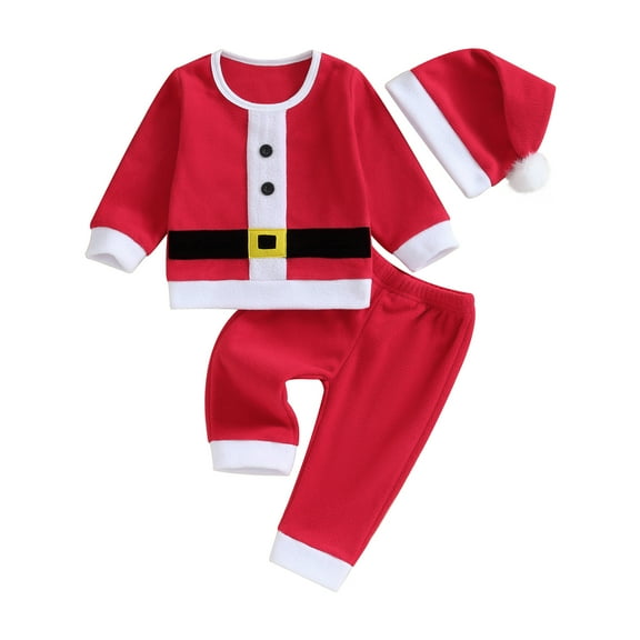 Toddler Girls Boys Christmas Outfits 6M 12M 18M 24M 3Y 4Y 5Y Belt Buttons Patchwork Long Sleeve Tops Pants Santa Hat 3Pcs Fall Clothes Set