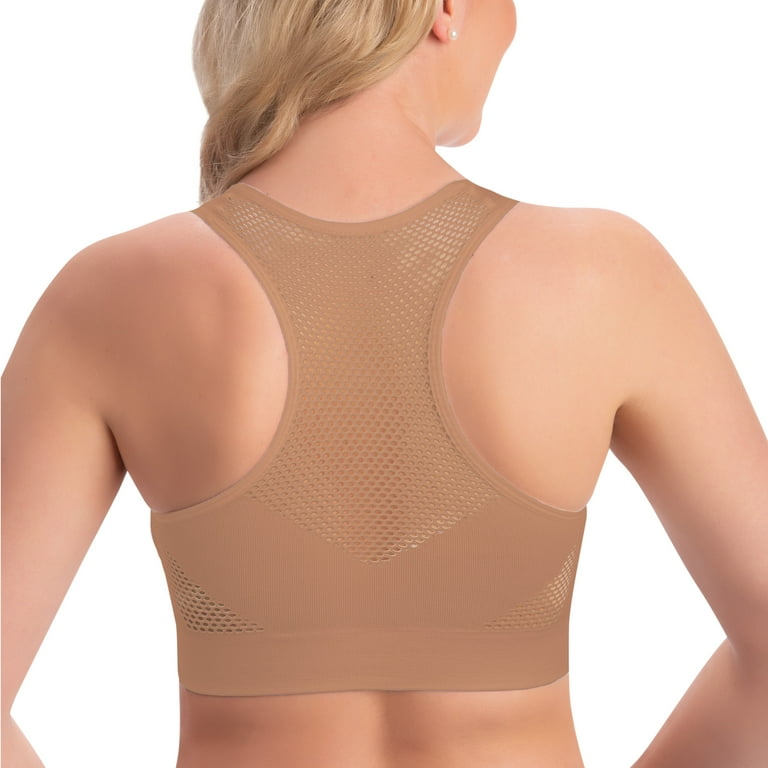 Collections Etc Women's Seamless Racerback Mesh Cooling Bra with Pads -  Breathable, Non-Chafing Underband and Thick Straps, Beige, 2XL 