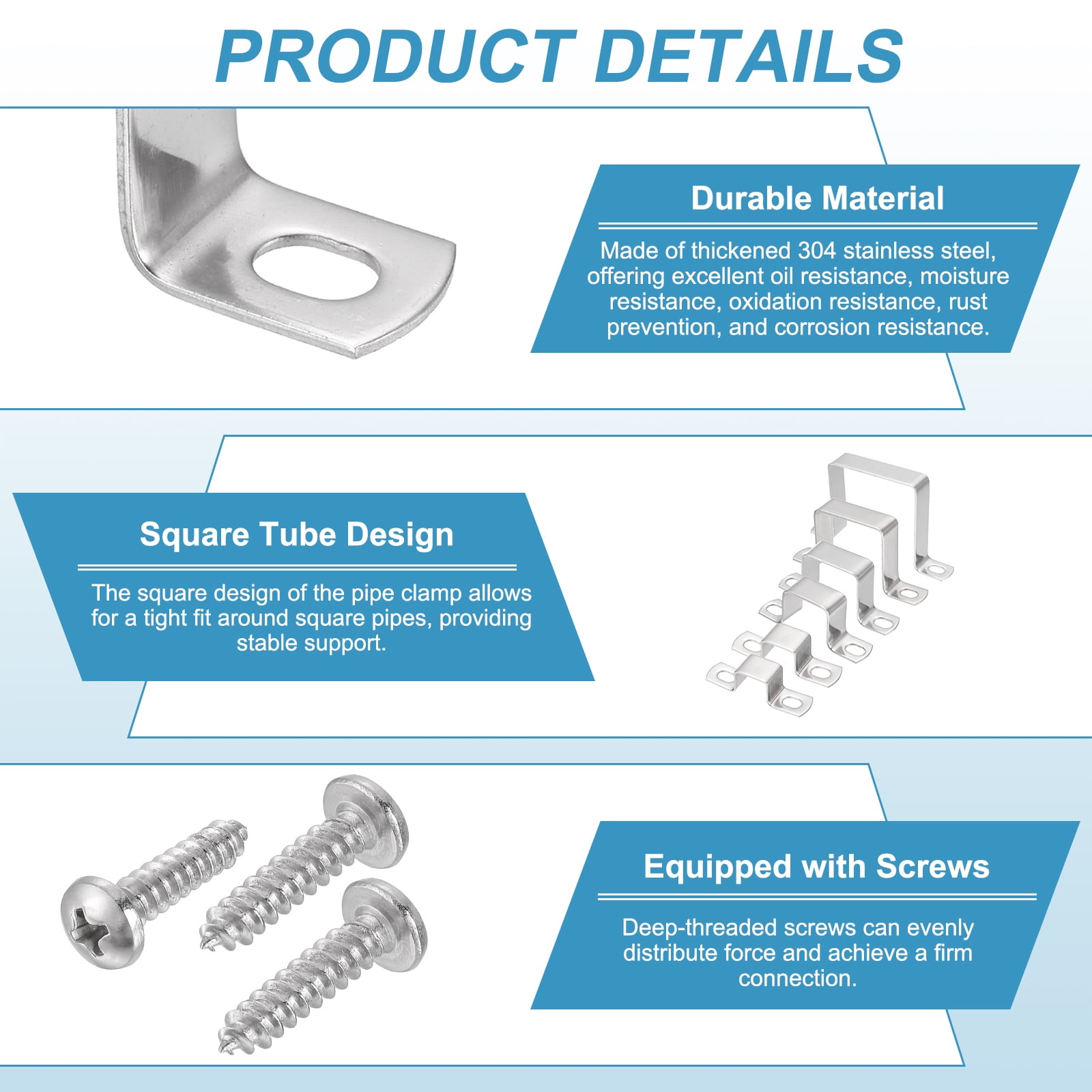 Uxcell 6pcs 2" x 2" Square Pipe Clamp, 304 Stainless Steel U Shaped Connector Bracket Heavy Duty Tube Strap Buckle with Self-Tapping Screws for Tube Installation