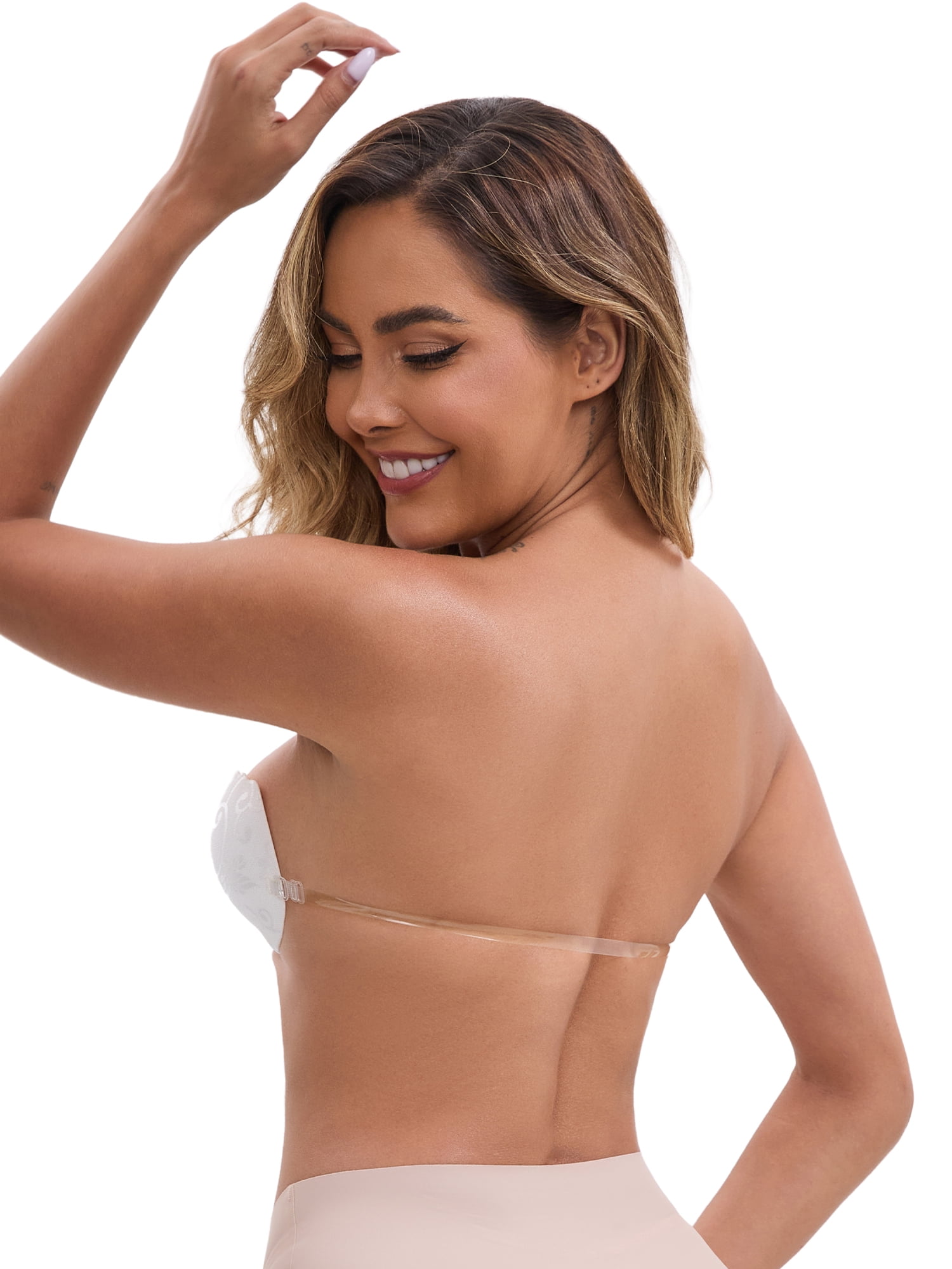 DARING DIVA Women's Lace Push Up Strapless Front Closure Anti-Slip Adhesive Bras L White