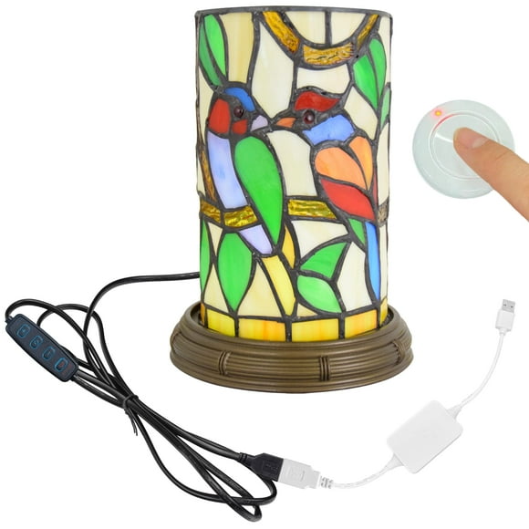 FSLiving Tiffany Style Remote Accent Lamp Table Lamp Stained Glass USB-Powered Cord Mandarin Duck Desk Light with Color Changing Cylinder Light Bedroom Gift Nightlight Backlight for Decoration