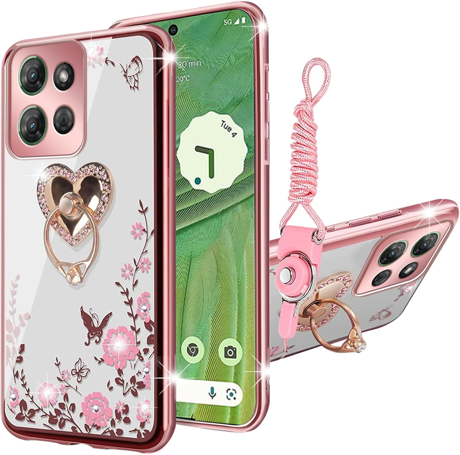 nancheng for Motorola Moto G Power 5G 2025 Phone Case (6.8-inch) with Ring Stand Girls Women Cute Soft Silicone Shockproof Protection Cover - Rose Butterfly