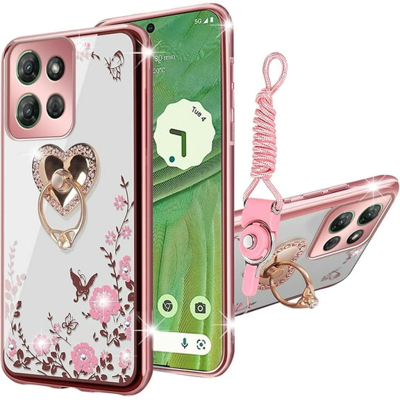 nancheng for Motorola Moto G Power 5G 2025 Phone Case (6.8-inch) with Ring Stand Girls Women Cute Soft Silicone Shockproof Protection Cover - Rose Butterfly