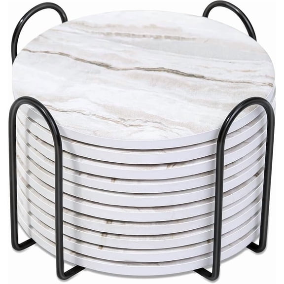 Caffox Coasters Set of 10, Absorbent Drink Coasters with Holder, Marble Style Ceramic Coaster for Wooden Table, Home Decor, 4 Inches(Griege)