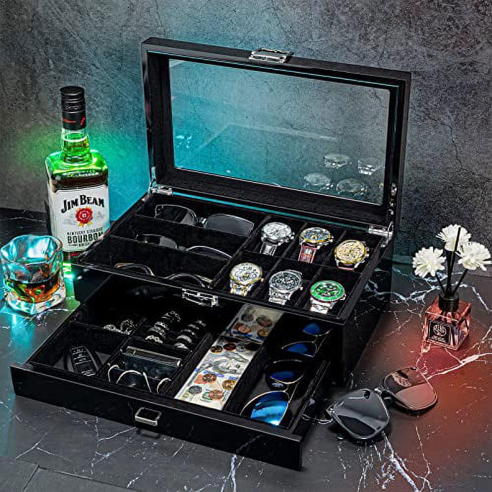 ProCase Wooden Men's Jewelry Box, Watch and Sunglasses Box Organizer for Men, 2-Tier Watch Holder and Glasses Display Cases with Clear Glass Top and Storage Drawer -Black