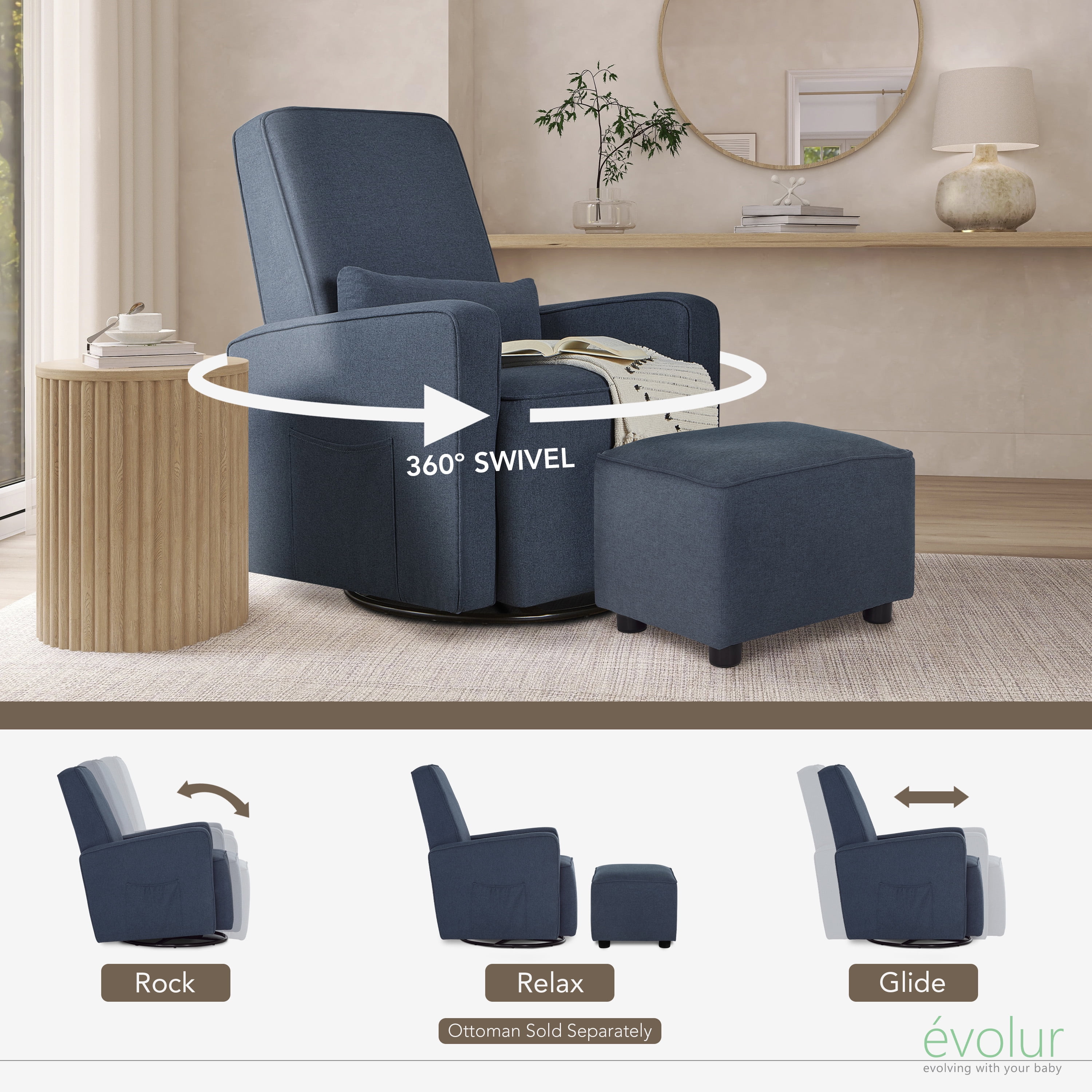 Evolur Holland Upholstered Swivel Glider | Rocker I Included Lumbar Pillow I Modern Design, Navy Blue