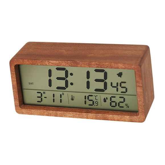 Alarma de humedad digital LCD electrónica de madera con modo de repetición y hora para mesita de noche. Color oscuro