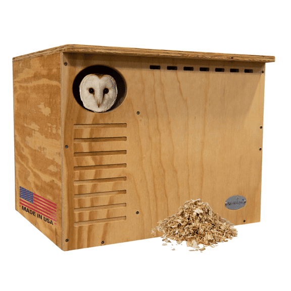 JCs Wildlife Barn Owl Nesting Box Large House Crafted in USA - Exterior Grade Treated Plywood - Mounting Hardware and Pine Shavings Included - Dedicated Clean Out Door for Easy Cleaning