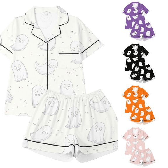Afdoent Girls Pajamas Set Halloween Ghost Print Sleepwear Short Sleeve With Shorts 2Pcs Pajama Sets For Kids Casual Lapel Loungewear Comfortable Holiday Sleepwear 9-10 Years