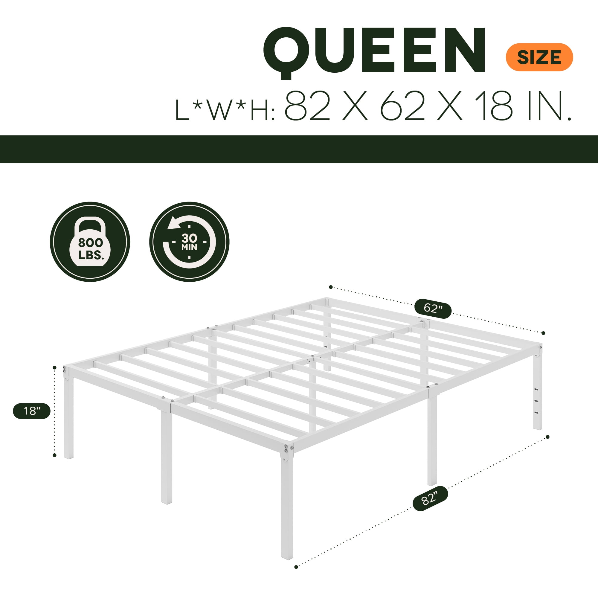 Einfach Queen Bed Frame, 18'' Metal Platform Bed with 16.6'' Under-Bed Storage Space, Heavy Duty, No Box Spring Needed, White