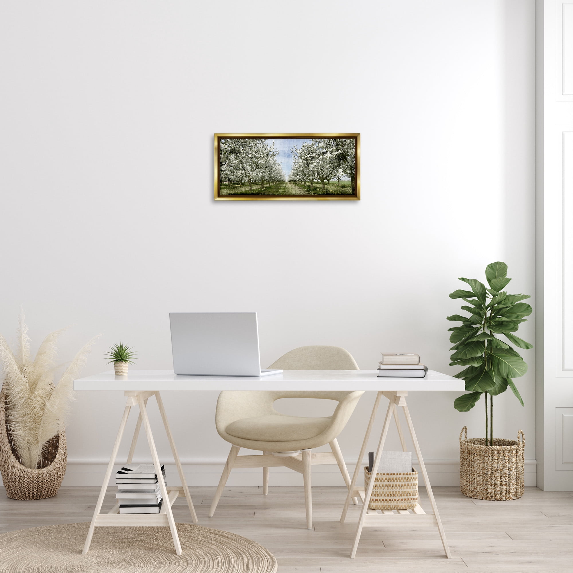Stupell Industries Blooming White Tree Orchard Landscape Photography Gold Floater Framed Canvas Art Print Wall Art, 25 x 11