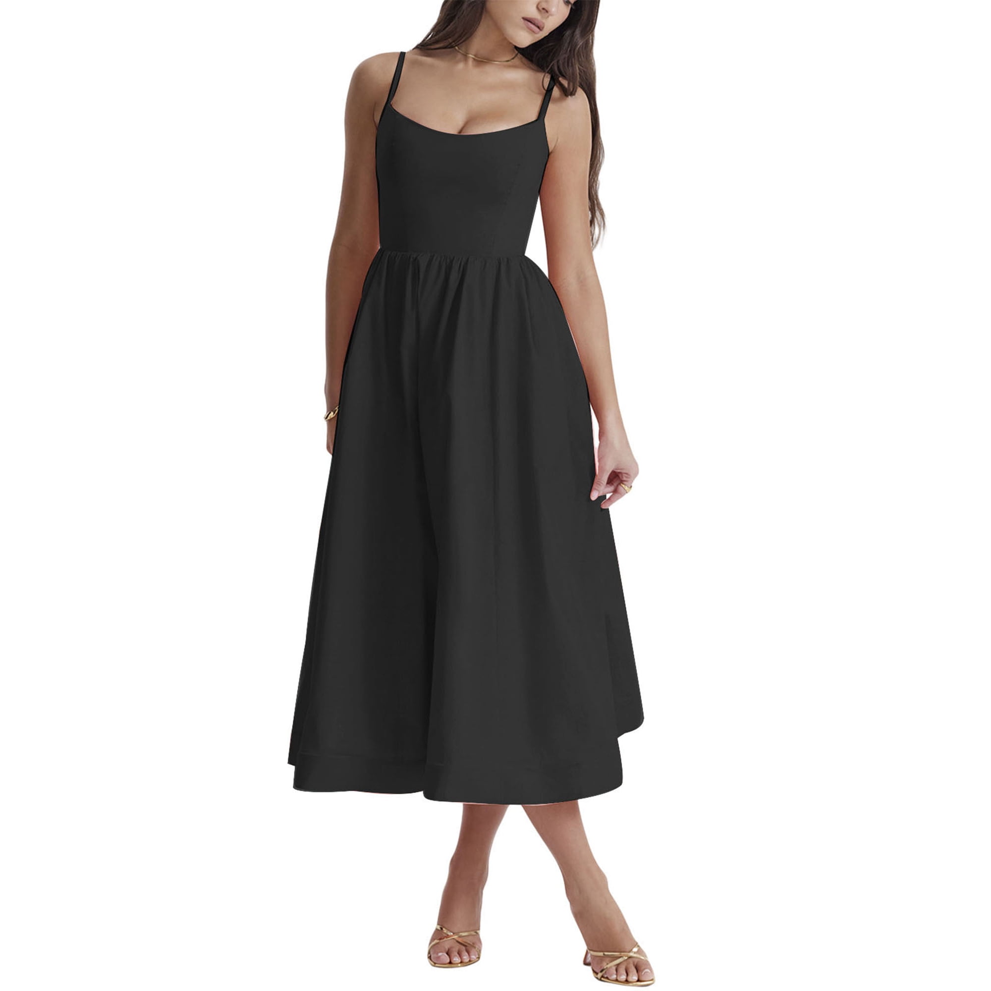 Fortune Women s Midi A Line Dress Solid Color Spaghetti Strap Beach Dresses Black