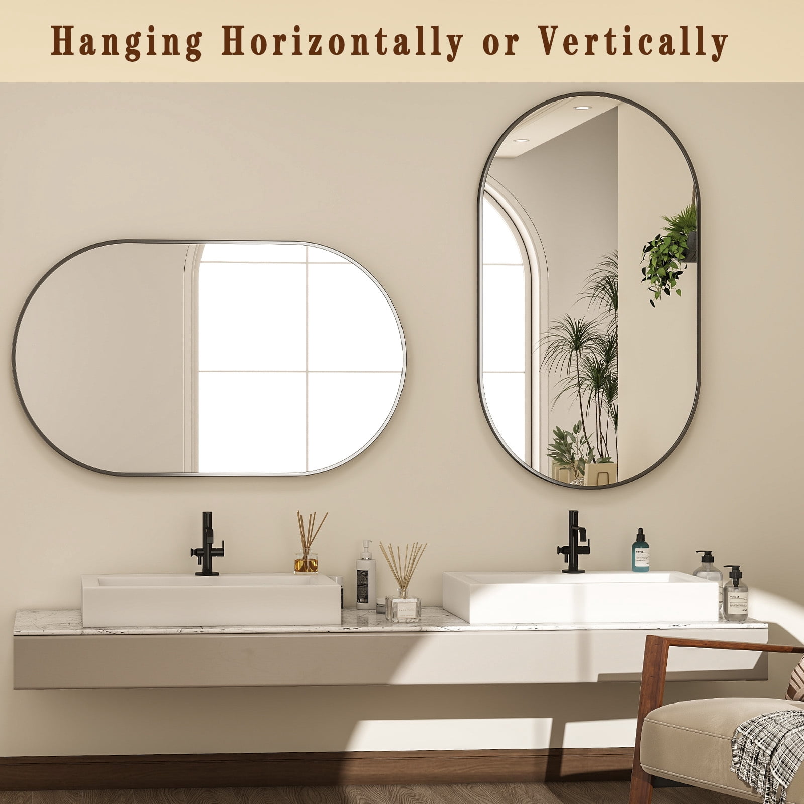 AUROMIR 22"x38" Bathroom Oval Mirror Wall-Mounted Vanity Mirror Aluminum Alloy Frame,Black
