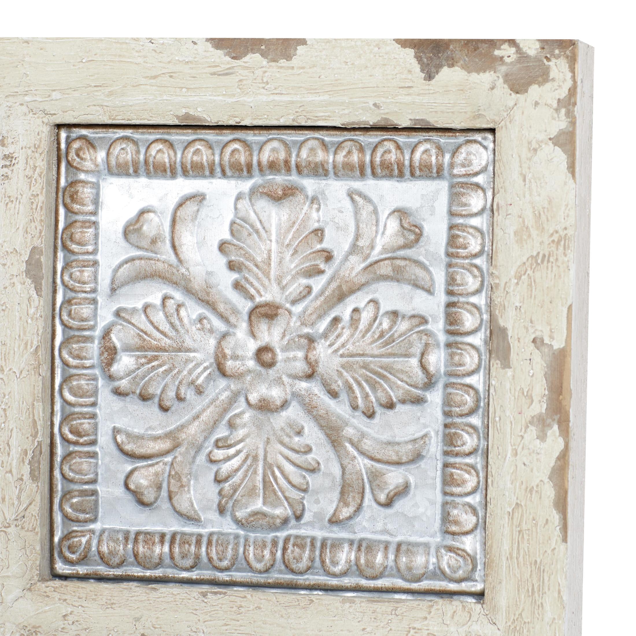 DecMode Gray Metal Embossed Floral Wall Decor with Distressed Cream Frame