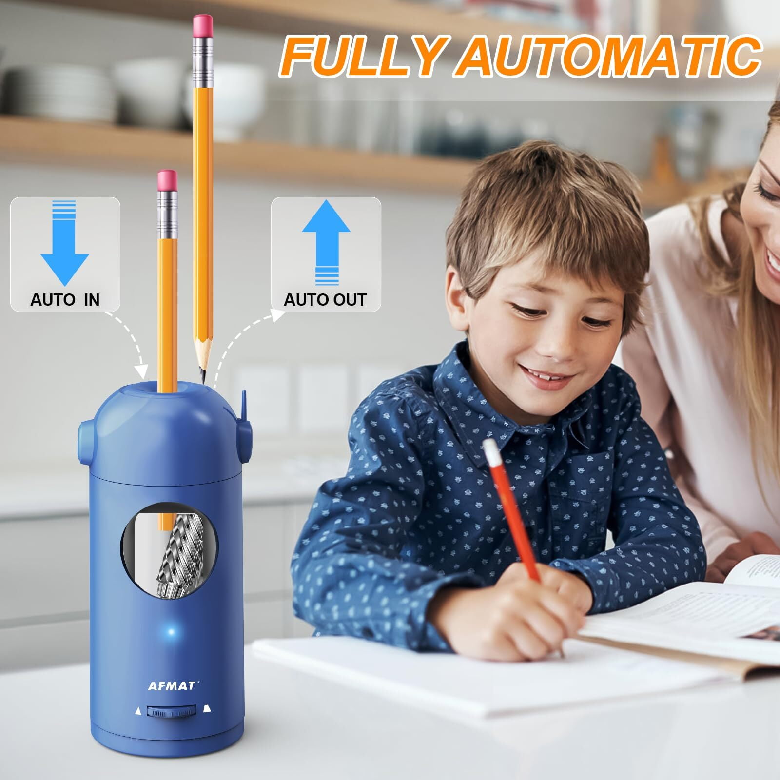 AFMAT Electric Pencil Sharpener, Fully Automatic Pencil Sharpener for Colored Pencils 7-11.5mm, Auto in & Out, Rechargeable Hands-Free Pencil Sharpener for Large Pencils, Blue